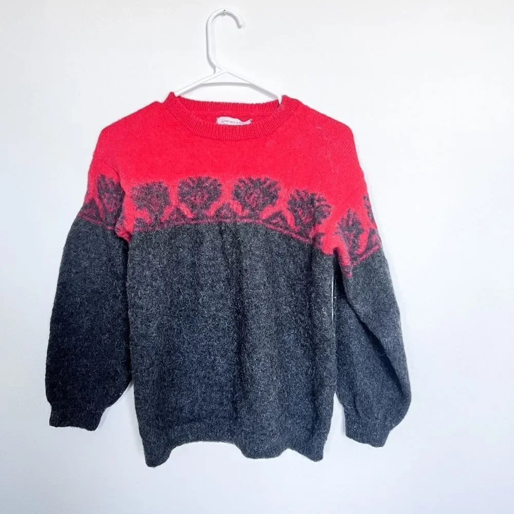 100% Alpaca Handmade Peru Red Gray Sweater Size S | Cozy Artisan Crewneck‎ Knit